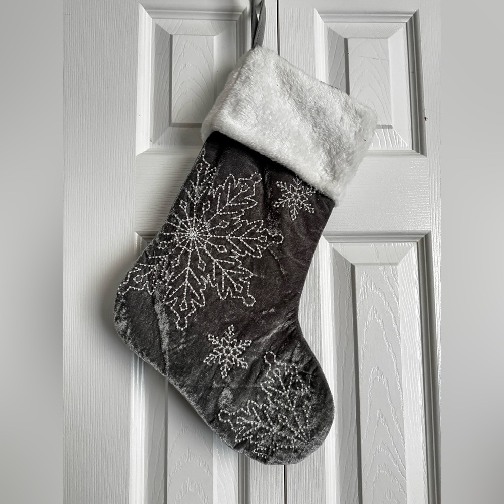 Elegant Gray Velvet Stocking with Pearl Snowflake Design